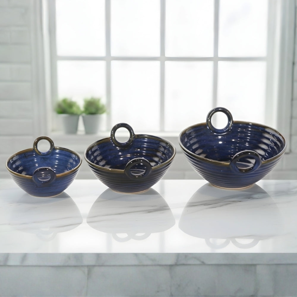 blue ribbed ceramic serving kadhai set of 3 round deep bowls for serving snacks curries and elegant dining presentation